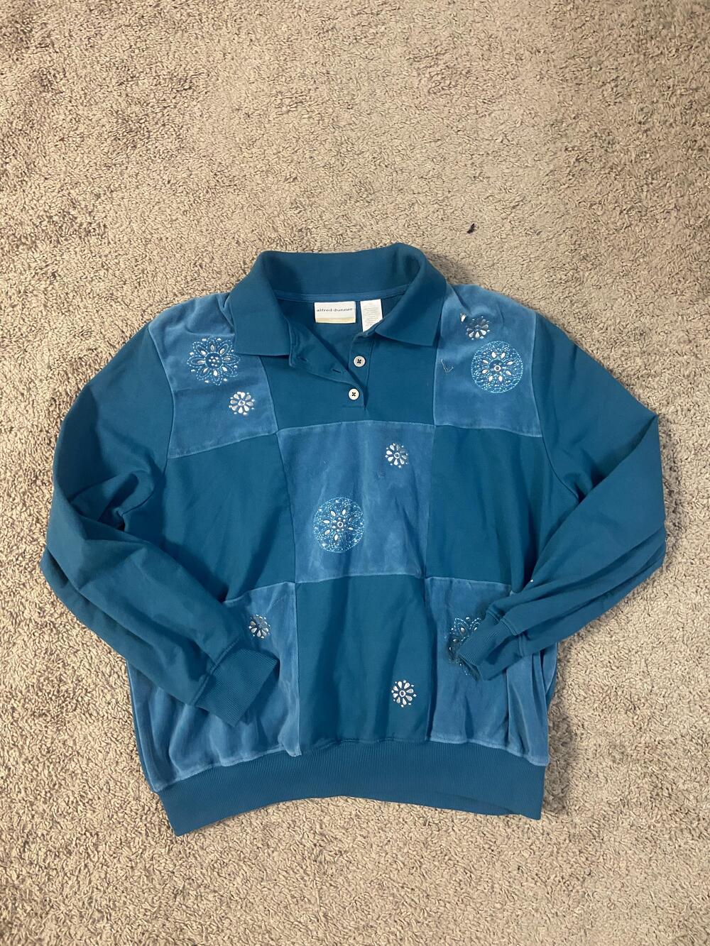 Alfred Dunner Sweater Womens Size Unknown Blue Velour Floral Rhinestone Plus